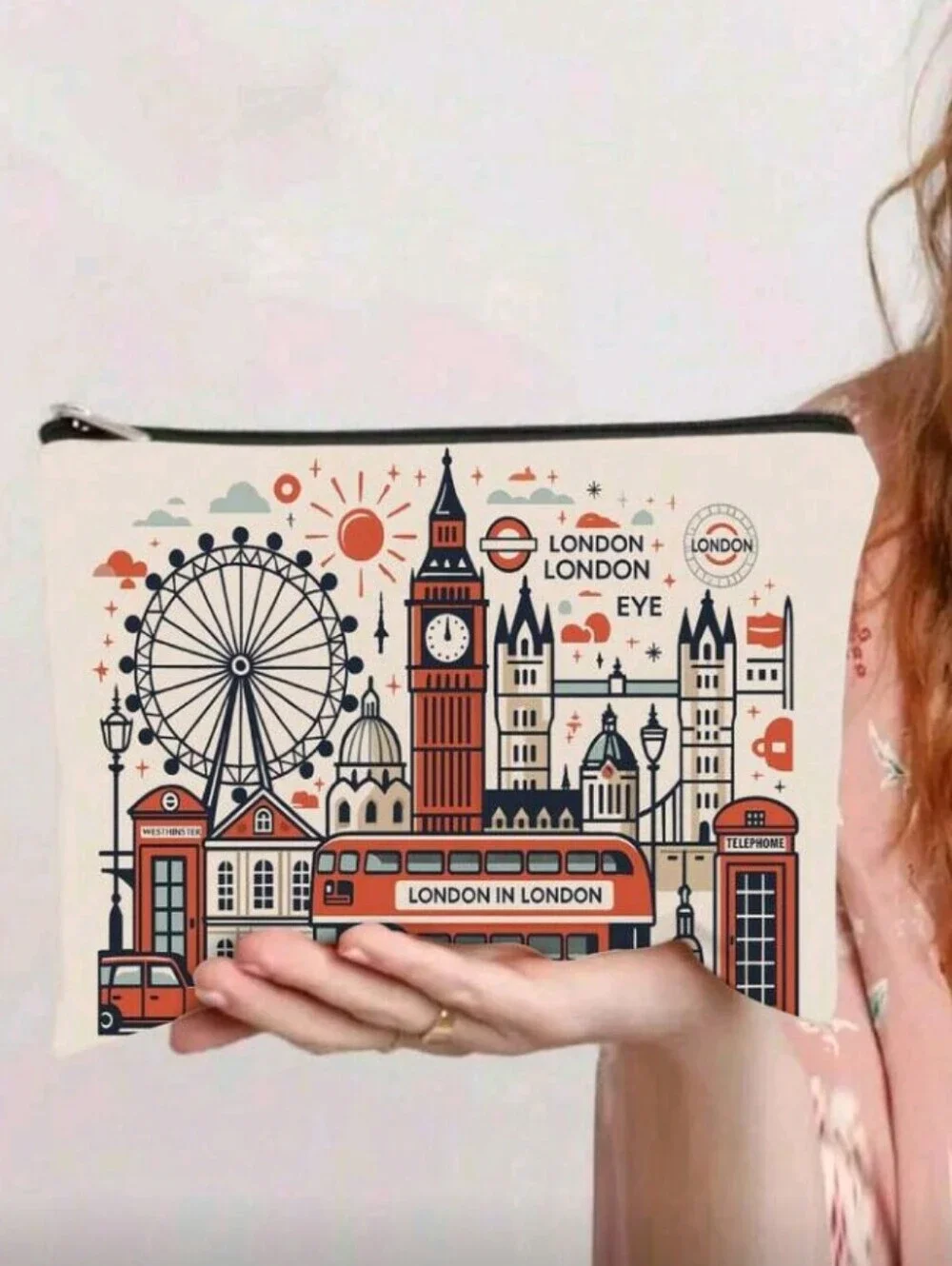 London Skyline Pouch Cream Red Summer Vacation Travel Zipper Pouch Purse